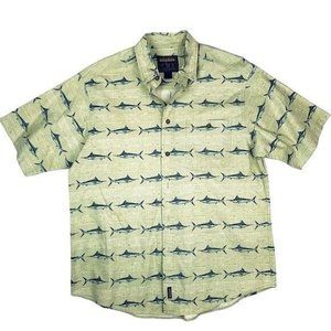 Woolrich Shirt Mens L Short Sleeve Button Down Fishing Blue Marlin Pattern Green